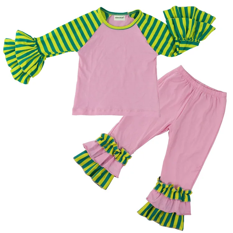 Pink Stripe Детская Изысканная одежда; футболка с длинным подолом; рубашка с оборками; реглан с рукавами и оборками; комплект со штанами; Одежда для девочек; - Цвет: Pink Stripe