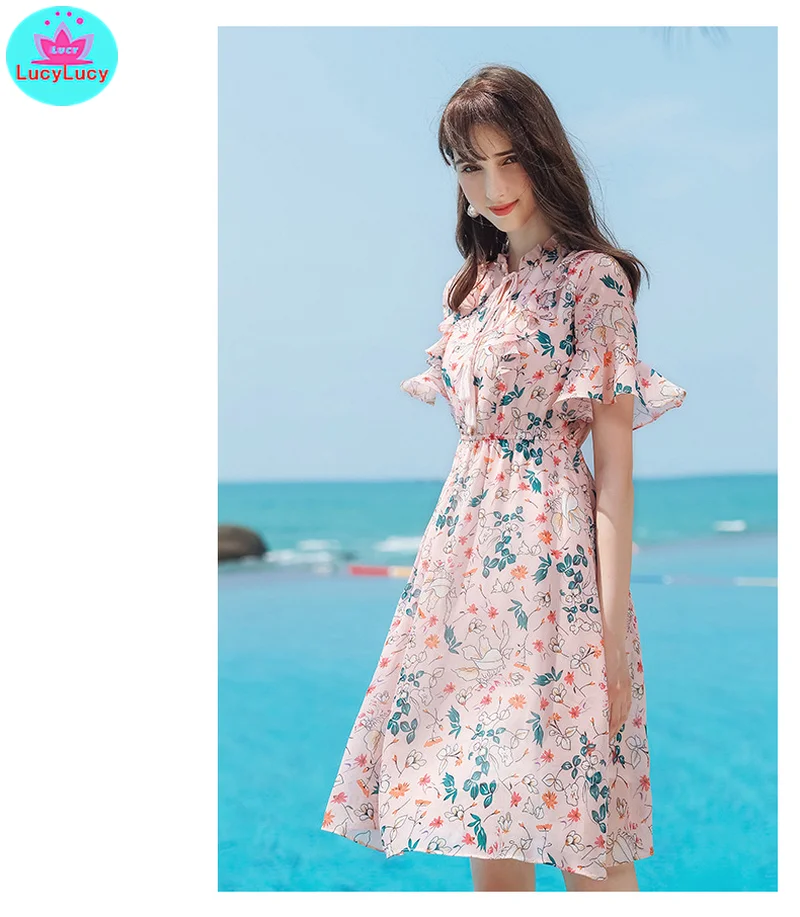 2019 summer new European and American women's   pullover print A word lady chiffon dress Knee-Length  Butterfly Sleeve
