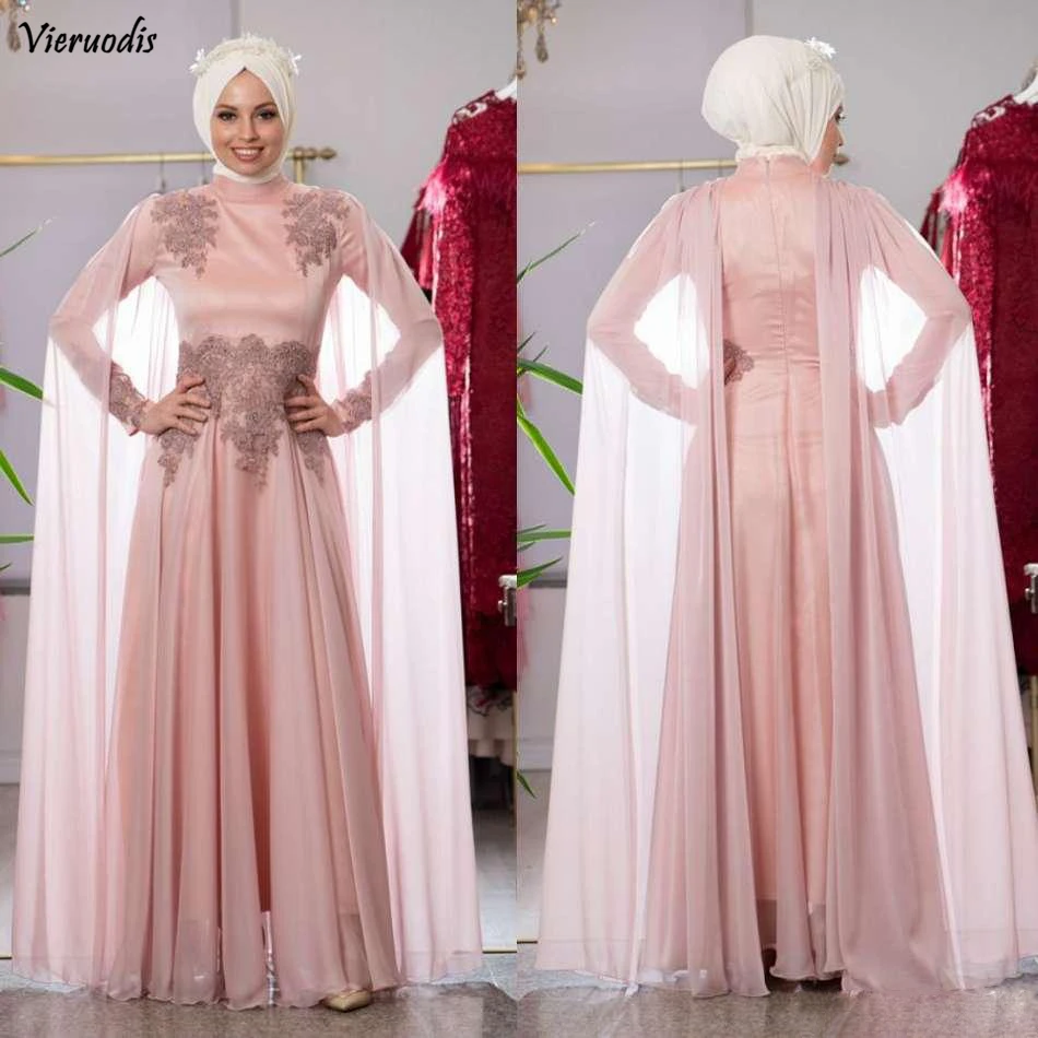 9-1               Muslim Pink A Line Evening Dresses With High Neck Long Sleeve Prom Dress Lace Applique Formal Party Gowns Plus Size Custom