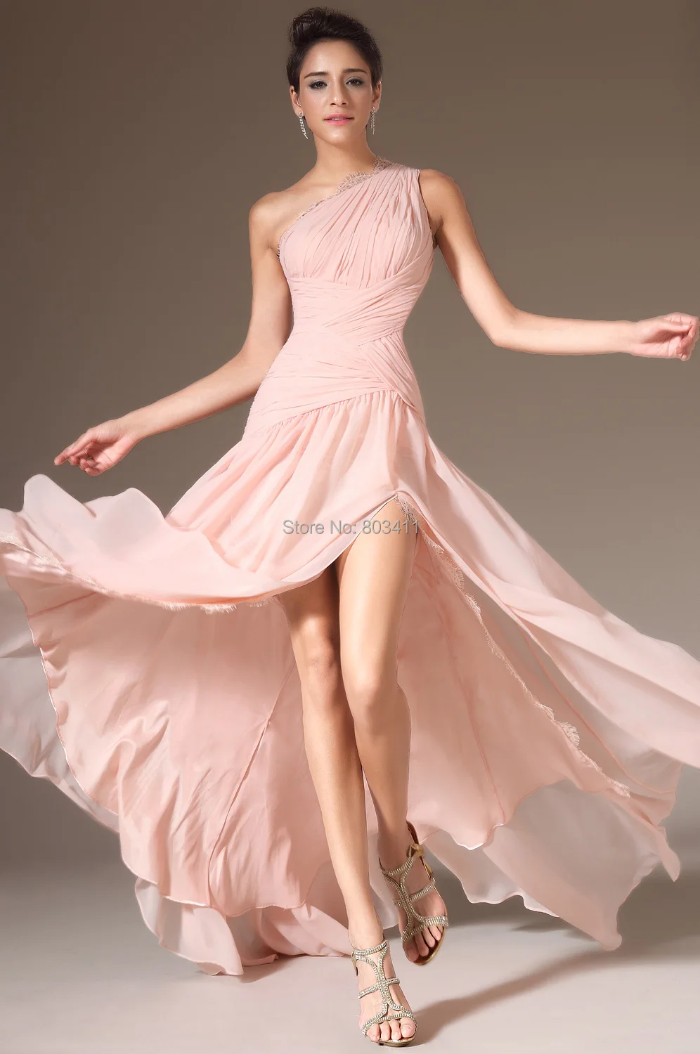 Длинные элегантные, на одно плечо, розовые шифоновые вечерние платья с Высоким Разрезом Вечернее платье