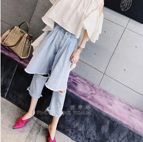 2018 New False Two Jeans Women Trousers Holes Knee Street Light Blue Denim Pants Autumn Wear |