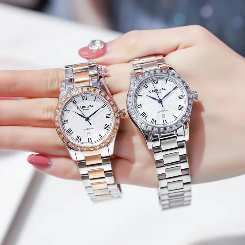 

Carnival Automatic Mechanical Watch Women Diamond Top Brand Luxury Stainless Steel Waterproof Roma Number Clock horloge dames
