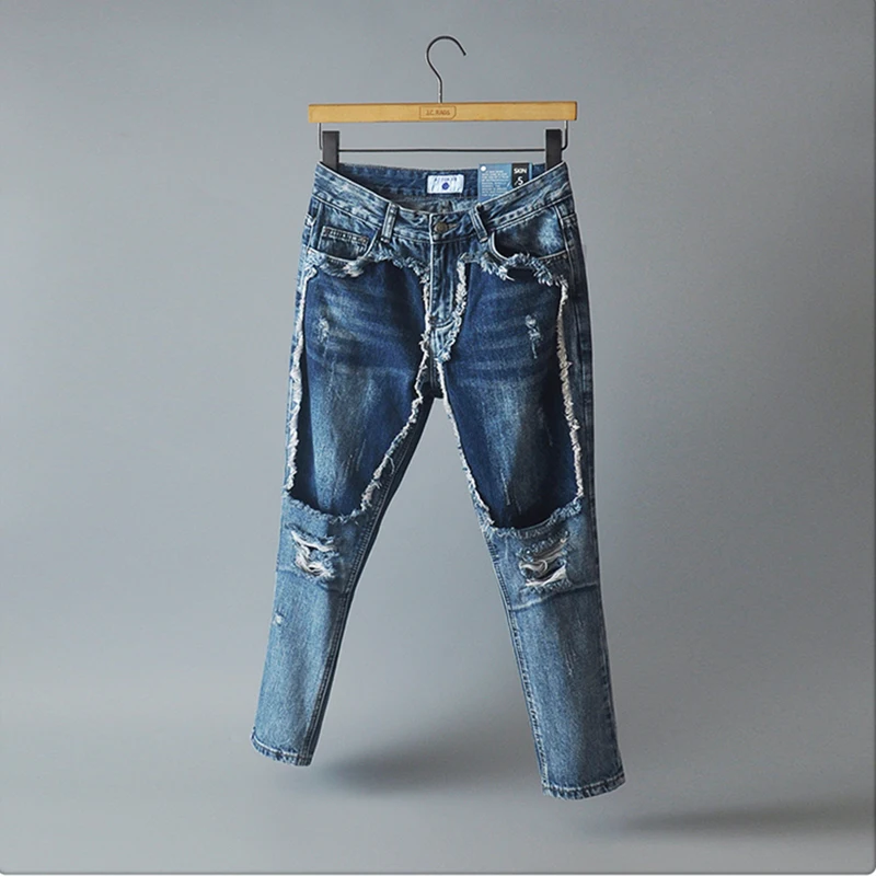 Хип-хоп отверстие Рваные джинсы Для женщин пестрые ботильоны из разнотканки-Длина джинсовые штаны для девочек рваные джинсовые штаны JH95