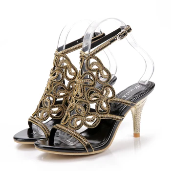 

2019 Summer New Black Clover Pattern Stiletto Sandals Open Toe Rhinestone High Heels Ceremony Dinner Shoes