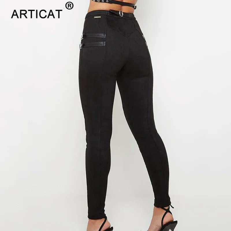 Articat, замшевые осенние штаны с высокой талией, женские леггинсы, на молнии, с пряжкой, узкие брюки-карандаш, женские брюки, повседневные штаны