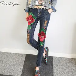 3D красная роза пайетки Jeans2018 без рваные Женская мода цветы джинсовые штаны брюки для Для женщин джинсы