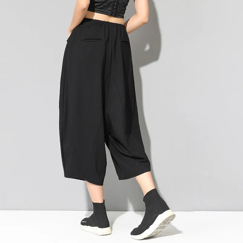Женские весенне-летние уличные модные эластичные брюки с большими карманами в стиле пэчворк, широкие брюки, женские повседневные свободные брюки