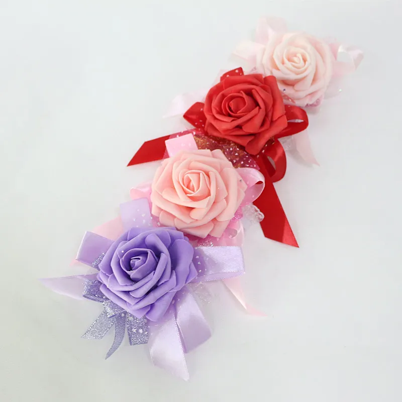  Flone Artificial Rose Flower Wedding Wrist Flower Hot Pink Bridesmaid Silk Corsage Hand Flowers Wedding Party Decor Floral (1)