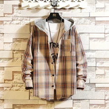 Повседневная брендовая клетчатая рубашка с капюшоном, мужские рубашки с длинным рукавом, новинка, весна-осень, большие Азиатские размеры, M-5XL