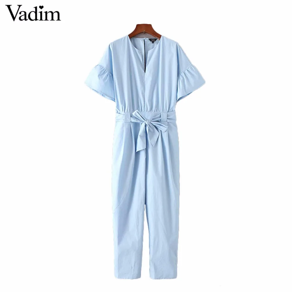 Vadim women sexy V neck sashes solid jumpsuit pockets