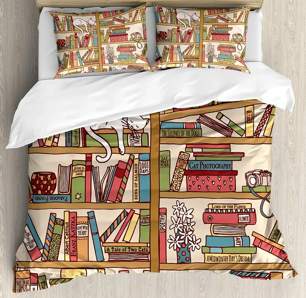 Cat Duvet Cover Set Nerd Book Lover Kitty Sleeping Over Bookshelf in