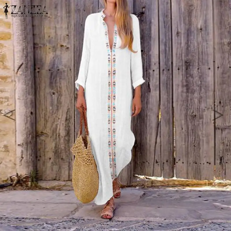 ZANZEA женское винтажное платье макси с глубоким v-образным вырезом и длинным рукавом, летнее Повседневное платье-Кафтан Vestido Сарафан-халат размера плюс
