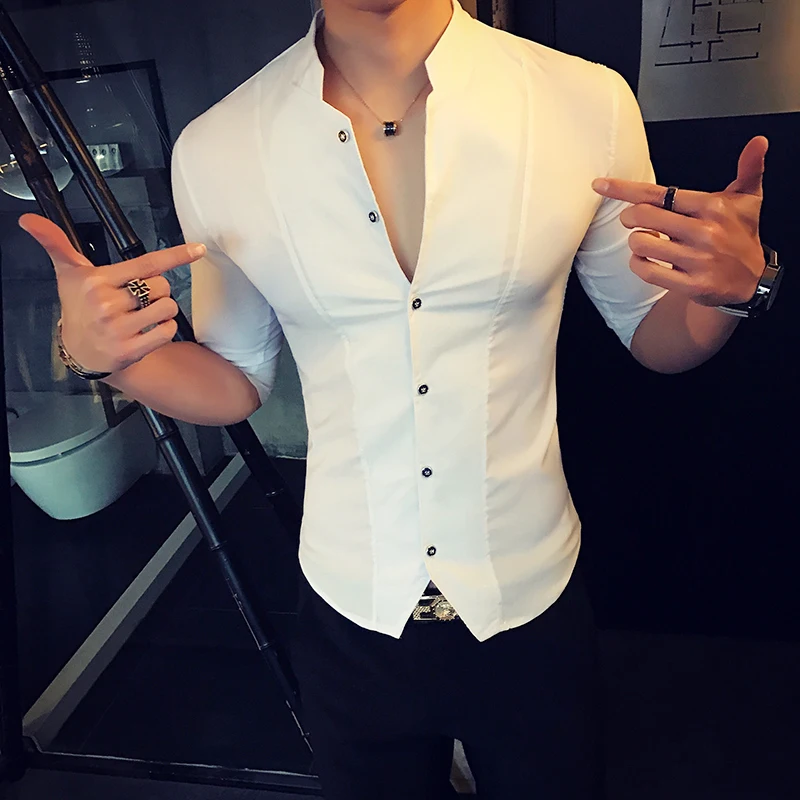 Мужская дизайнерская приталенная рубашка с воротником-стойкой, стильная рубашка с коротким рукавом в китайском стиле