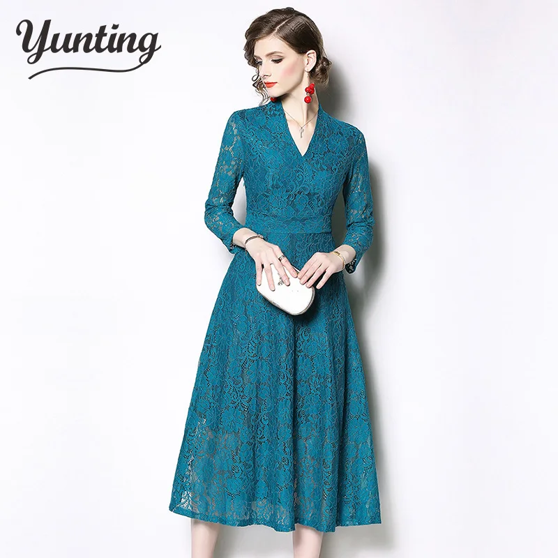 

2019 Spring Runway Women Lace Dresses Long Sleeve Casual Elegant temperament Party Dress Vestidos