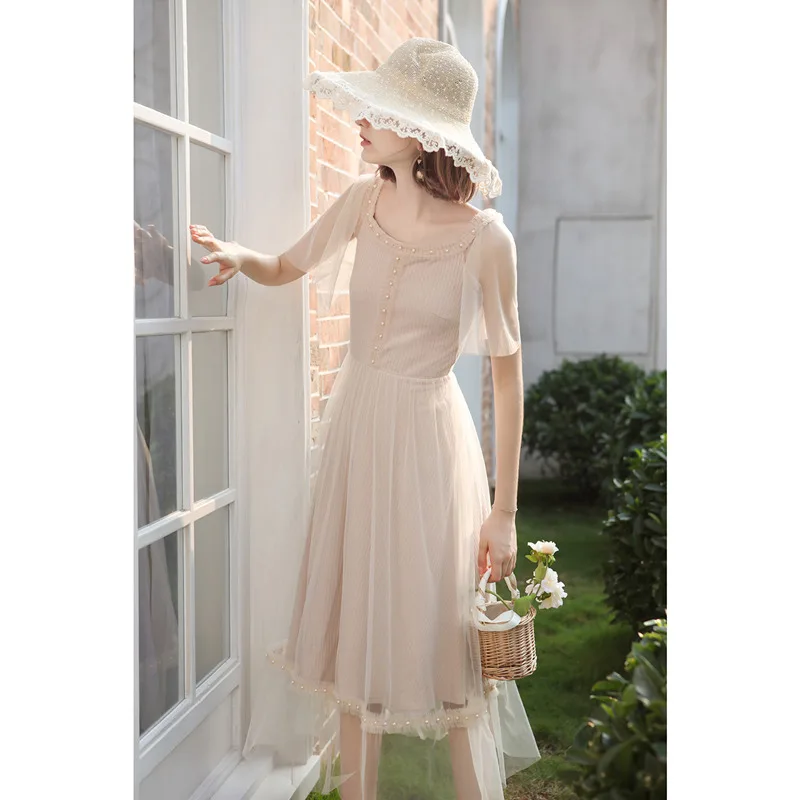 

Summer 2019 Women Retro Elegant Slim Mesh Dress Ladies French Vintage Sweet Causal Pearl Lace Kniting Cotton Patchwork Red Midi