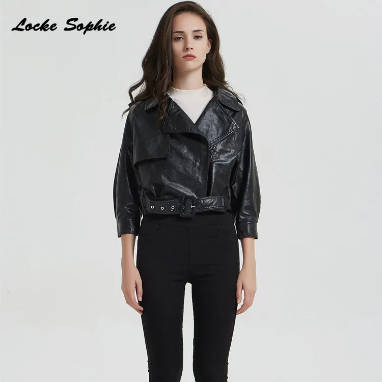 Womens Plus size short jacket blazers 2019 Autumn PU leather Splicing faux fur waist belt Jacket ladies loose locomotive blazers