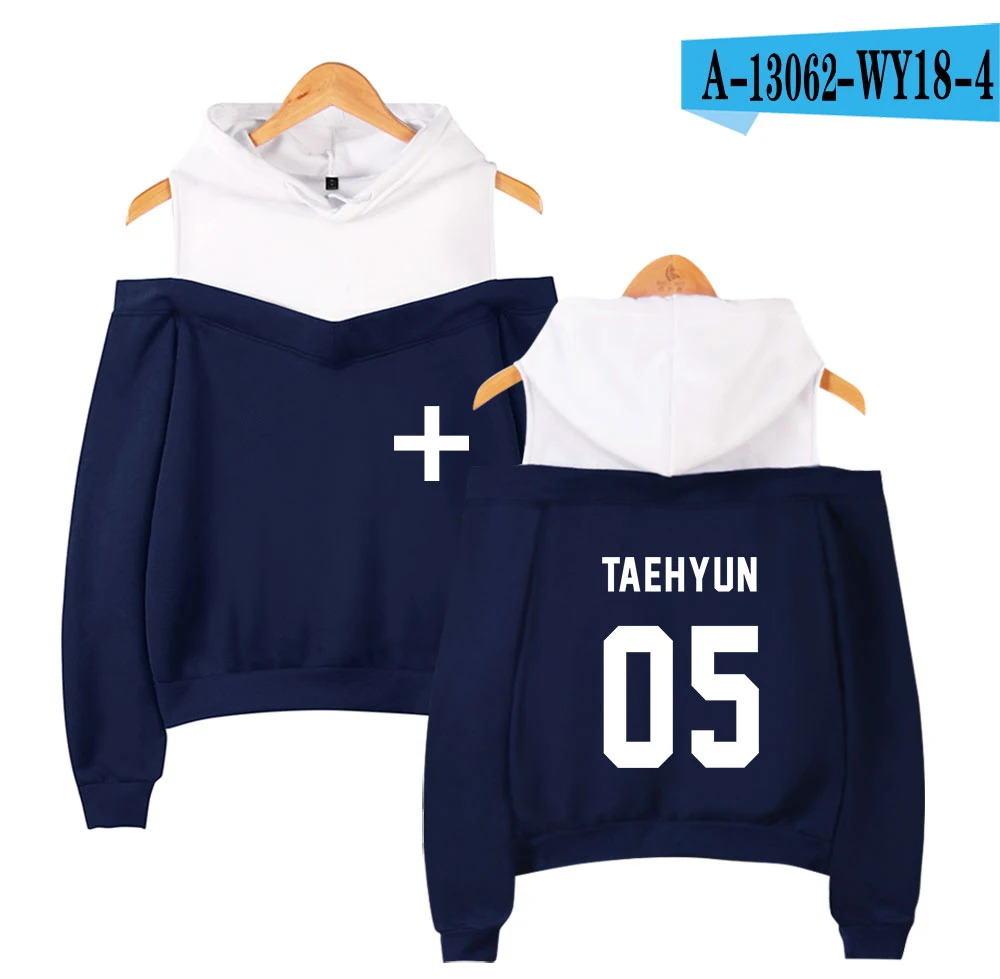 TXT Tomorrow X Together толстовки с открытыми плечами женские модные толстовки с капюшоном и принтом с длинным рукавом горячая Распродажа модная одежда - Цвет: Navy Blue