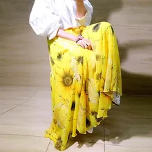 Женская Мода с цветочным принтом шифоновая длинная юбка летние женские Повседневное Высокая талия в складку 3 слоя цветочные юбки Saias SK77