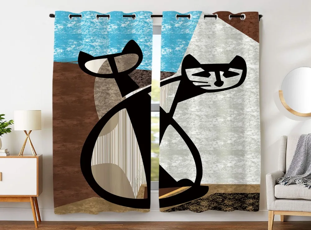 

HommomH Curtains (2 Panel) Grommet Top Darkening Blackout Room Abstract Art Cat Blue