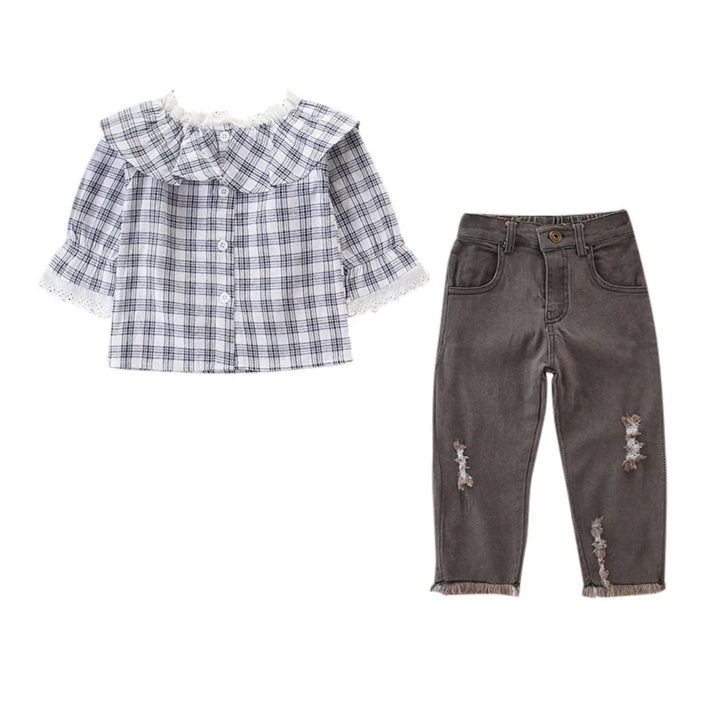 

ARLONEET oddler Kids Baby Girl Outfits Clothes Plaid Off Shoulder Shirt+Jeans Pants Set For Baby Kids Boy Girl Clothing #10