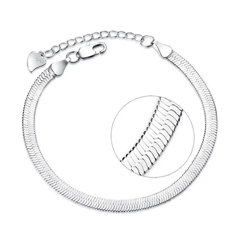 

100% 925 Sterling Silver Lobster Clasp Flat Snake Chain Fit European Charm Bracelet For Women sterling-silver-jewelry KY291