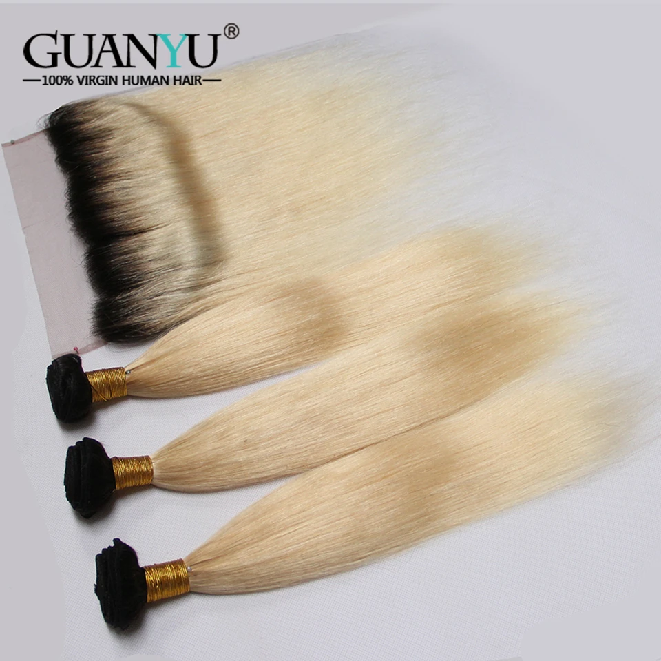 Guanyuhair Remy 1B/613 Омбре перуанские прямые пучки волос с 13X4 синтетический фронтальный 2 тона черные светлые человеческие волосы с темным корнем