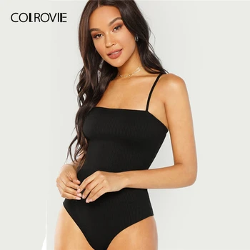 

COLROVIE Black Ribbed Knit Solid Sexy Skinny Cami Basic Bodysuit Women 2019 Summer Sleeveless Bodycon Office Ladies Bodysuits