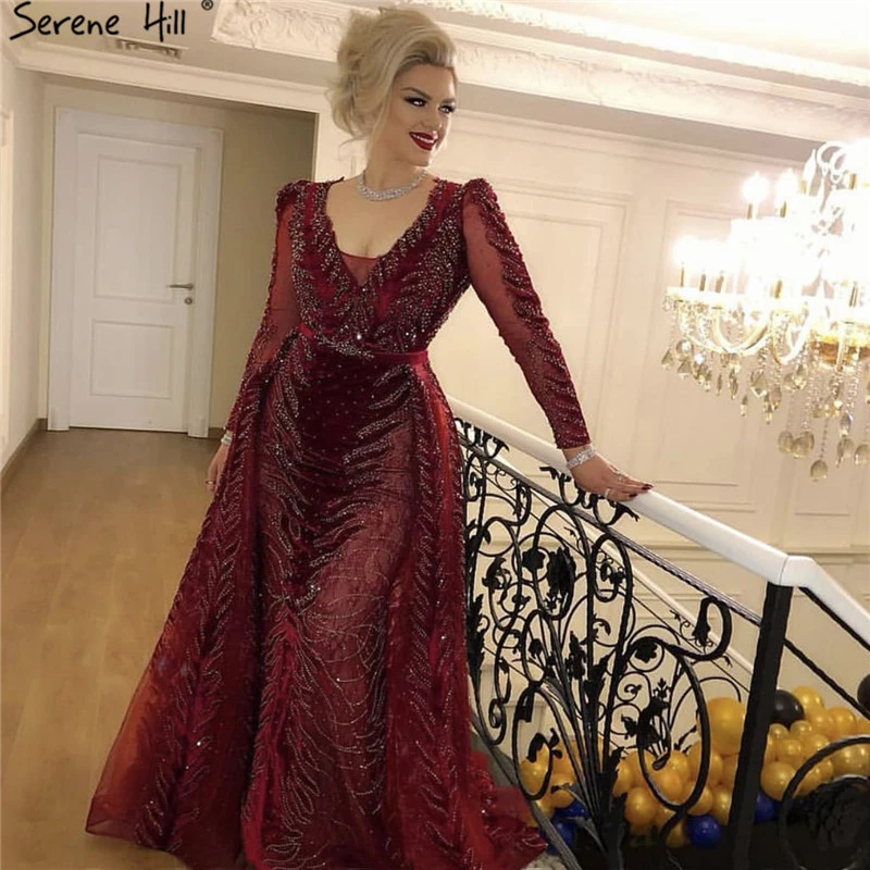 Винно-красные Роскошные вечерние платья с длинными рукавами v-образным вырезом расшитые блестками вечерние платья дизайна беззаботного холма размера плюс BLA60903