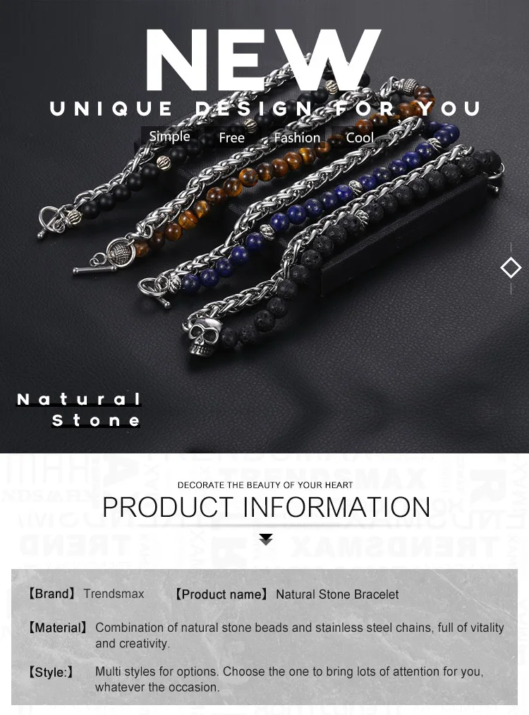 8mm Men's Lapis Lazuli Tiger Eye Stone Beaded Bracelet Stainless Steel Wheat Link Lava Bracelet Wristband Jewelry Gifts DBM46