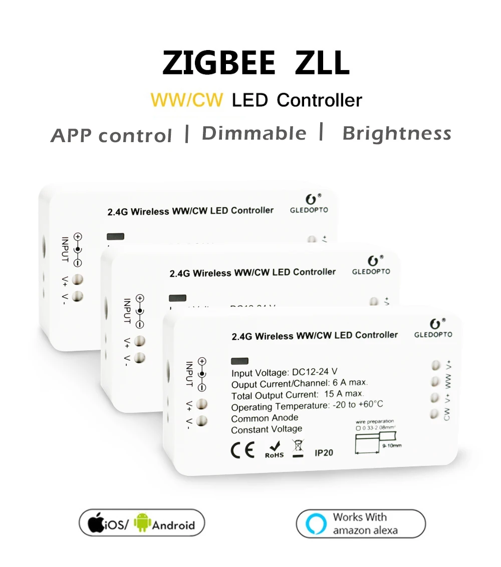 G светодиодный OPTO ZIGBEE звено, светлый zll WW/CW Светодиодный контроллер полосы DC12-24V 360 Вт интеллектуальное управление приложением Совместимость с Amazon Echo plus