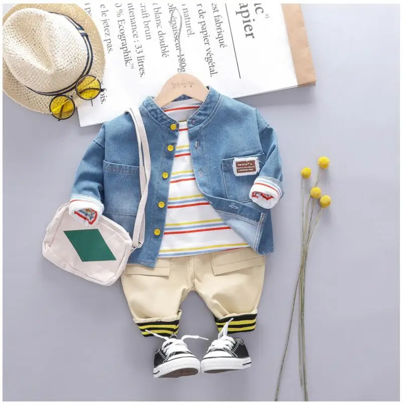 

2019 Autumn Toddler Kids Boys Clothes Sets Baby Infant Clothing Suits Denim Coats T Shirt Pant Children Kids Christmas Outfit