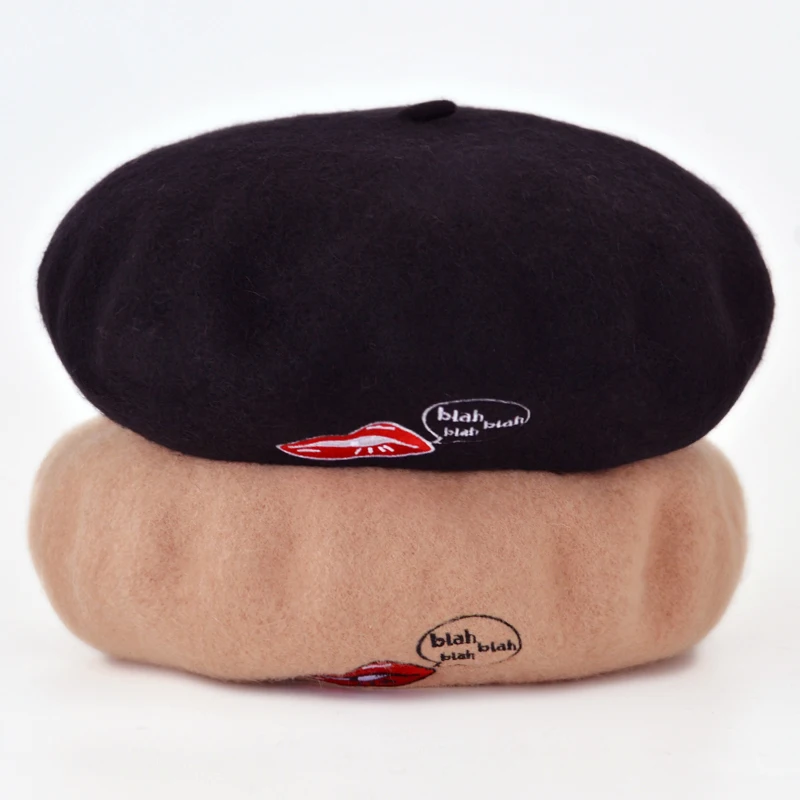 Мода woman100% шерсть Зимний берет шапки-береты сексуальные красные губы вышивка шляпы элегантный войлочный Берет шляпы Boinas Mujer шапки