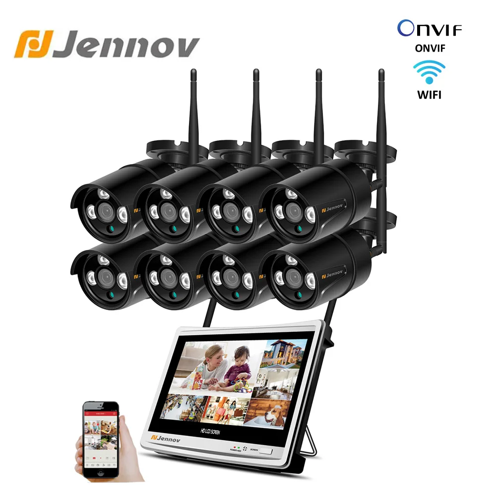 Jennov 8CH 1080 P Беспроводная система безопасности 1" ЖК-экран Wifi NVR 2MP наружная аудио камера система видеонаблюдения набор