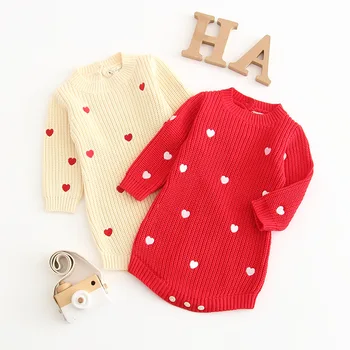 

2019 ins Infant Girls Small Love Knit Rompers Candy Red Beige Color Toddler Kids New Fashion Autumn Winter Rompers
