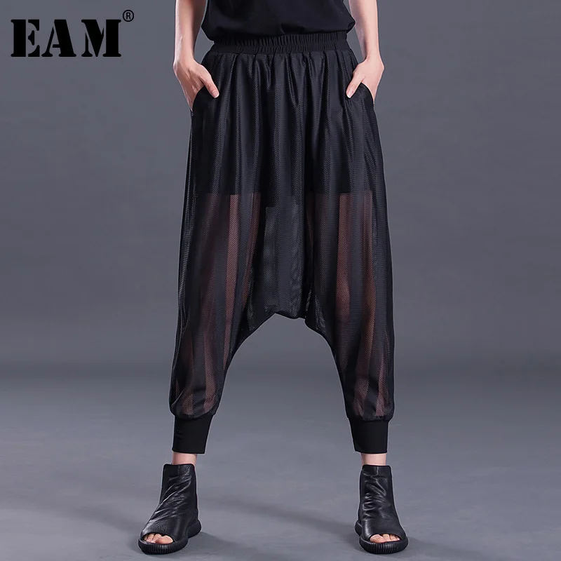 WKOUD EAM 2018 новый летний мода прилив черный перспектива Карманы эластичный пояс простые женские ботильоны-длина Cross брюки SA162