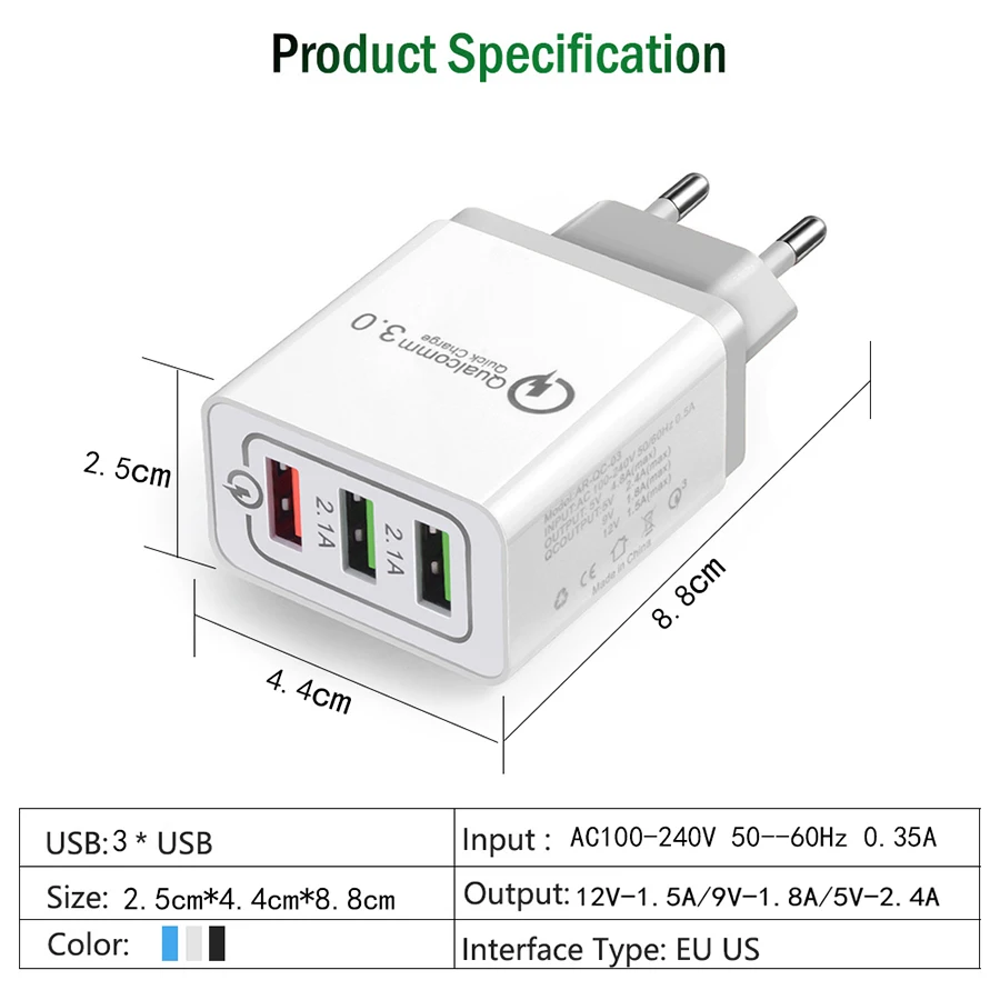 Быстрая зарядка 3,0 USB Зарядное устройство 5V 2.4A QC3.0 кабель для быстрой зарядки USB для стены Зарядное устройство для iPhone samsung мобильного телефона Xiaomi Зарядное устройство huawei