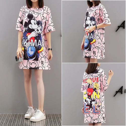 

2019 Free Shipping Spring Summer New Fashion Women Short Sleeve Loose Printed Cartoon Mice T-shirt Casual O-neck Clothes Tops