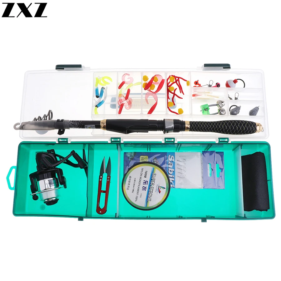 

Telescopic 1.8m Fishing Rods Reel Combo Full Kit Fiberglass Reel Lure Spinning Rod Set Box Lures Hooks Reel Gear Organizer 56pcs