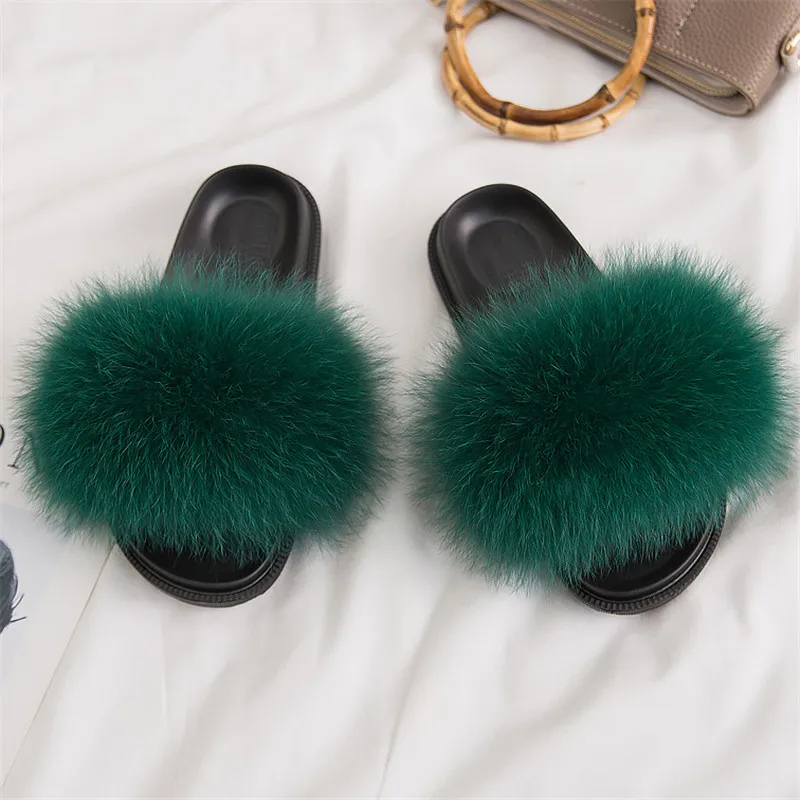 

2019 Fashion Furry Slippers With Platform Ladies Home Fluffy Slippers Summer Flat Shoes Ladies Shoes Fox Fur Slippers.