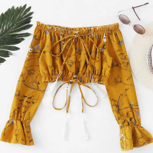 

Fashion Women's Ladies Summer Long Sleeve Off Shoulder Floral Shirt Loose Casual Tops Shirt Bare Midriff