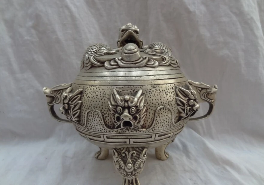 

S4214 9" Tibet Silver FengShui Dragon Head Ball Statue Brass Incense Burner Censer D0318