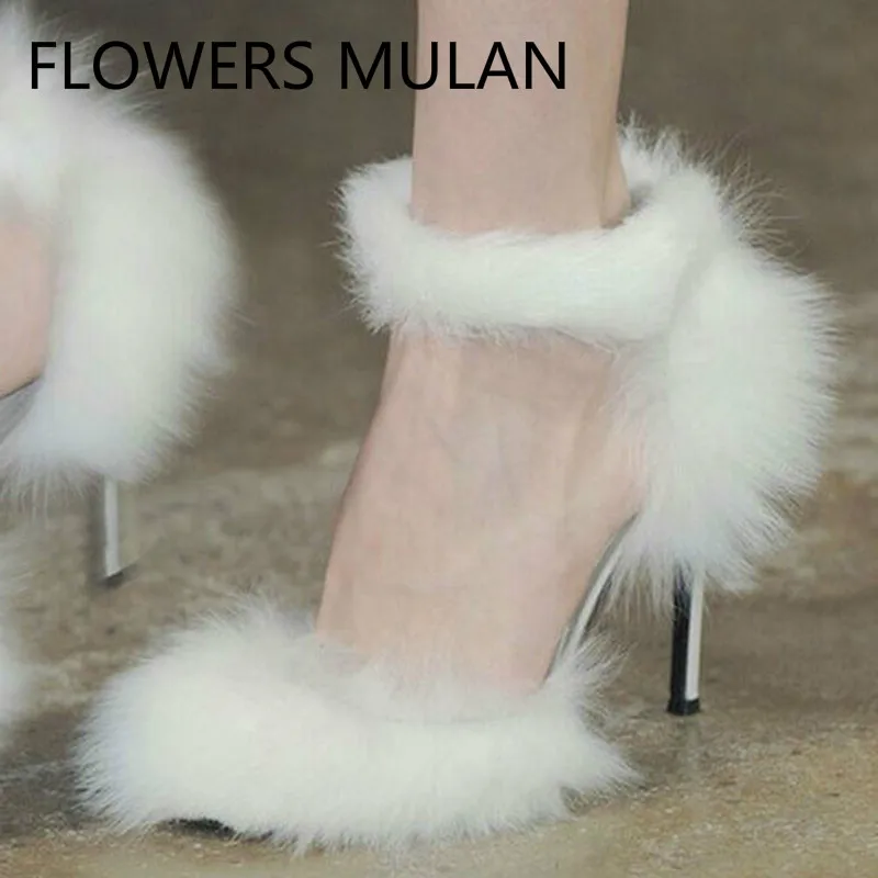 

White Rreal Fur Runway Sheepskin High Heel Studded Gladiator Sandals Woman Bowknot 42CM Over Size Summer Party Bridal Shoes Lady