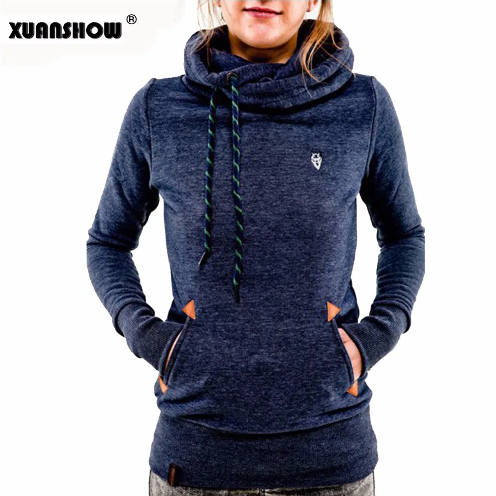 XUANSHOW خريف شتاء إمرأة الأزياء Fleeces هوديس التطريز جيب سيدة بلوزات مقنعين عارضة تراكسويت البلوز القمم