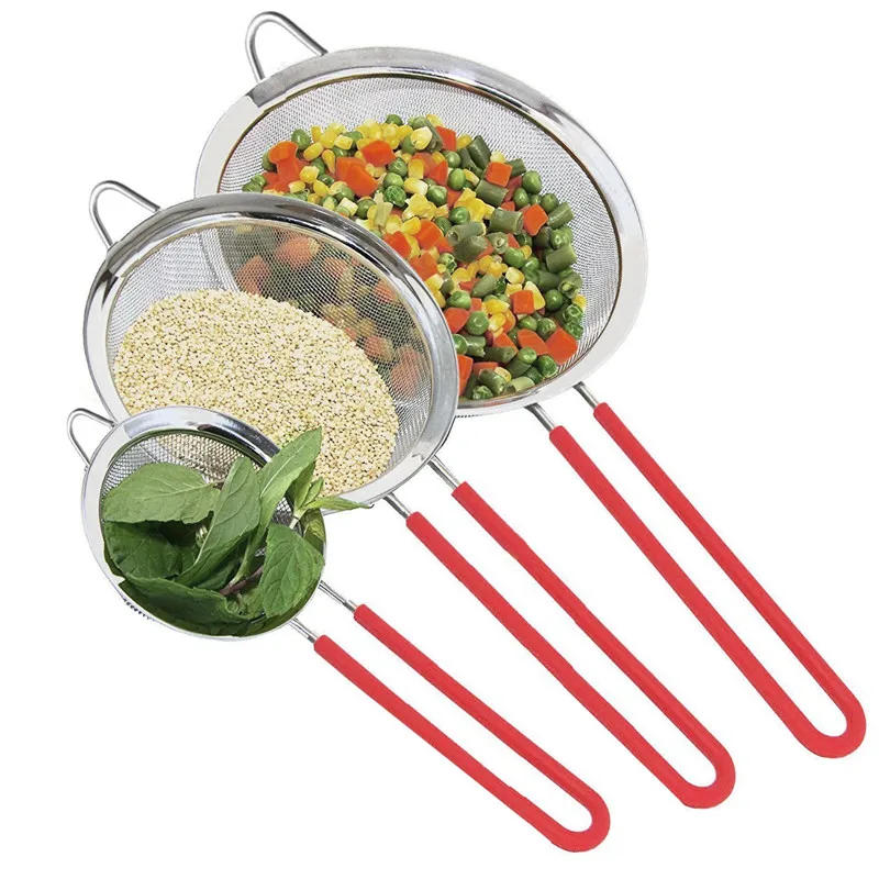 

Stainless Steel Strainers - Premium Stainless Steel Mesh Kitchen Strainer Colander Sieve with Long Silicone Handle for Kitchen