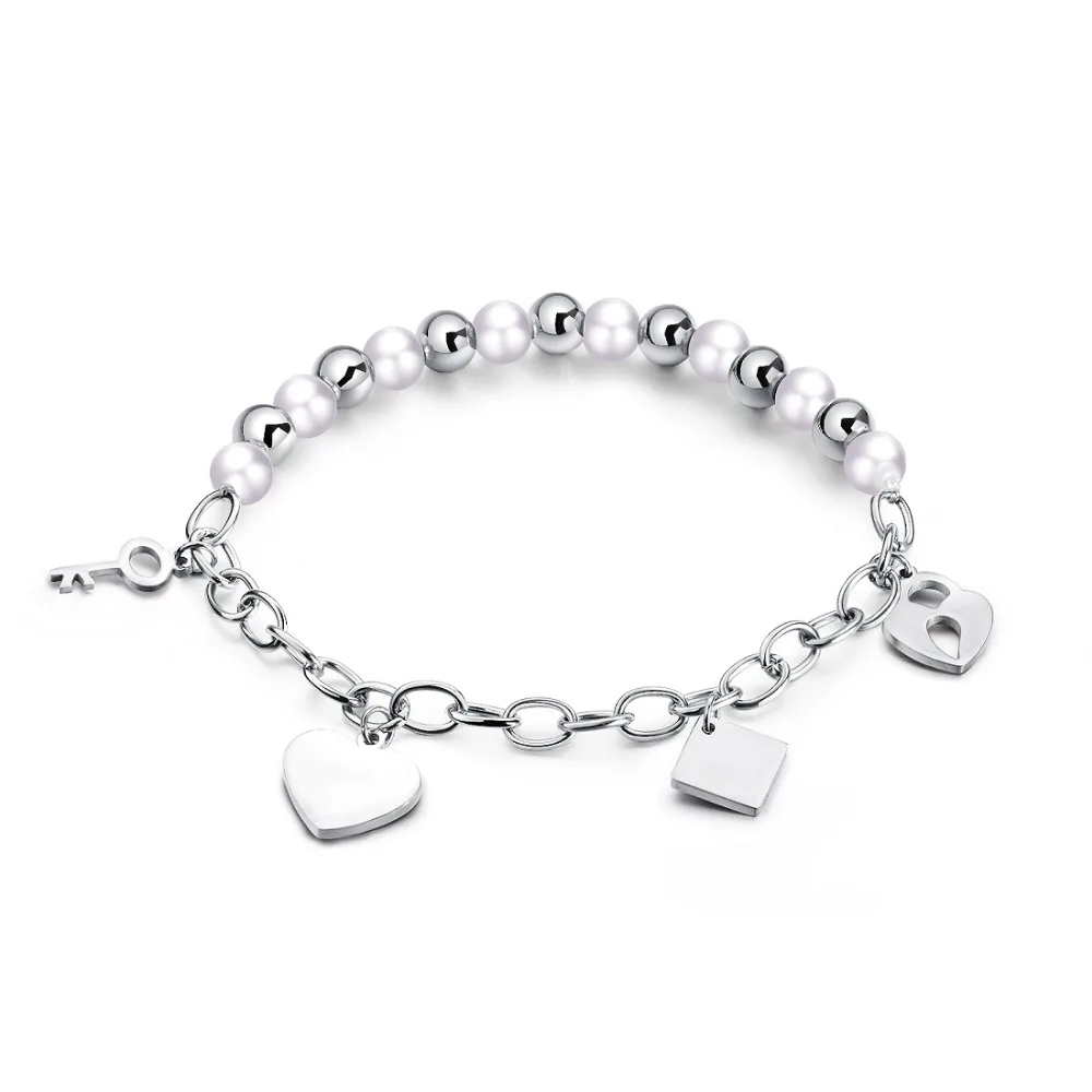 FATE LOVE Fashion Jewelry Cute Luxury Stainless Steel Women Simulated-Pearl Bead Chain Heart Charm Bracelet & Bangles