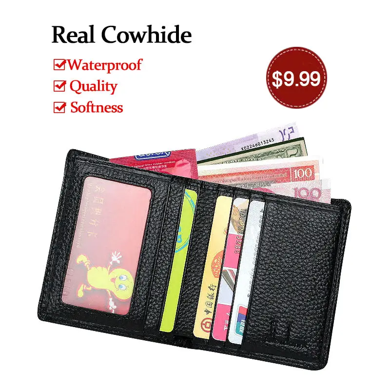 100% Genuine Leather Small Mini Ultra-thin Wallets men Compact wallet Handmade wallet Cowhide ...