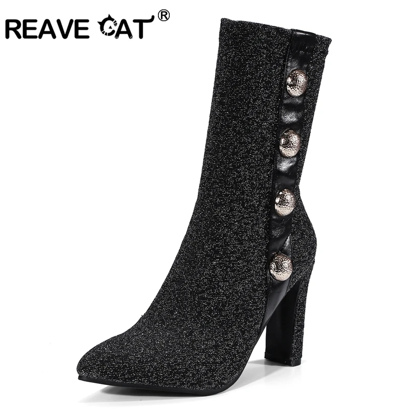 

REVAE CAT Spring Women Boots Sequined Cloth Mid-Calf Silver Black Stretch Fabric Socks Square Heel Zip Ladies Shoes Botas A138