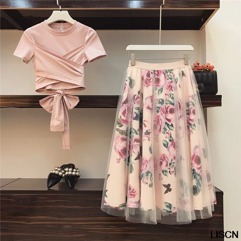 

New Women Flower Pring Mesh skirt and Cotton Irregular T-shirt Casual 2 Piece Set Bow Pink Crop Tops Floral Mid-clf Skirt Sets