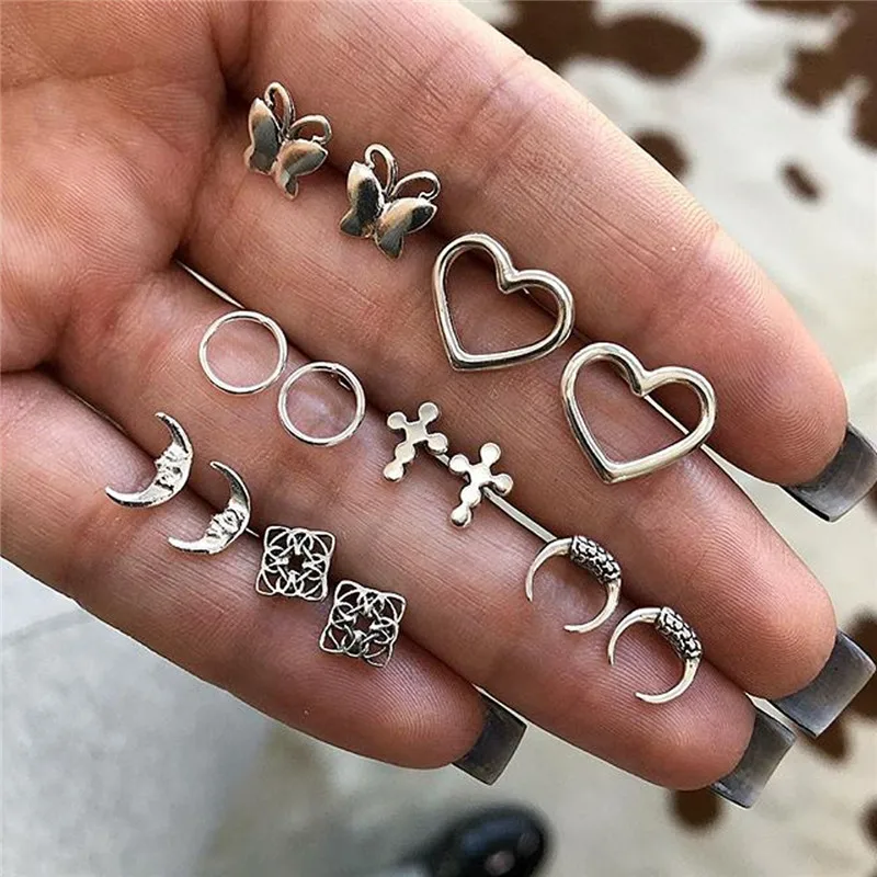 

Modyle Bohemian Heart Cross Moon Stud Earrings Set For Women 2019 Statement Handmade Round Earring bijoux femme Ethnic Jewelry