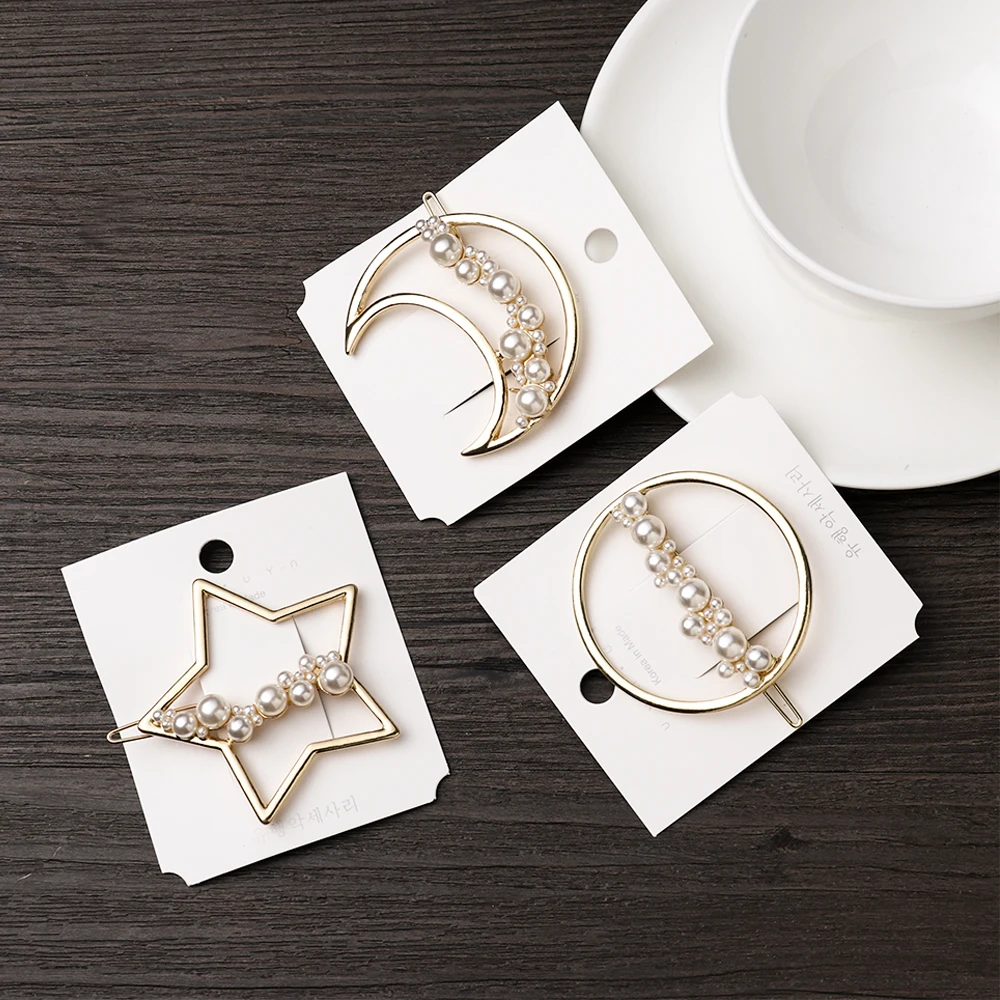 

2019 Crystal Imitation Pearl Clips Round/Star/Moon Shaped Hairpins Metal Gold Hair Hairgrips Hair Jewelry Accessories for Women